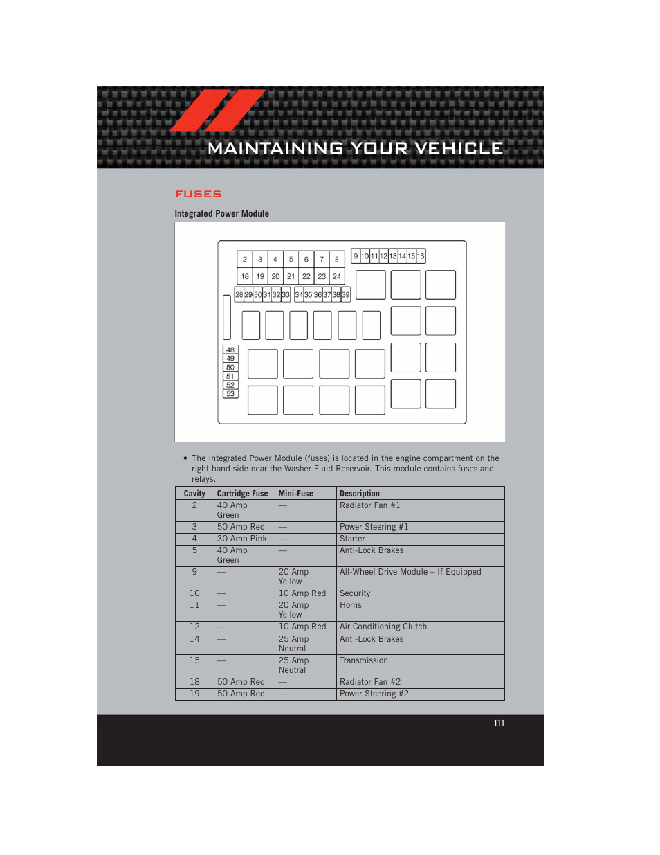 Fuses, Integrated power module, Maintaining your vehicle | Dodge 2012 Charger_SRT - User Guide User Manual | Page 113 / 130