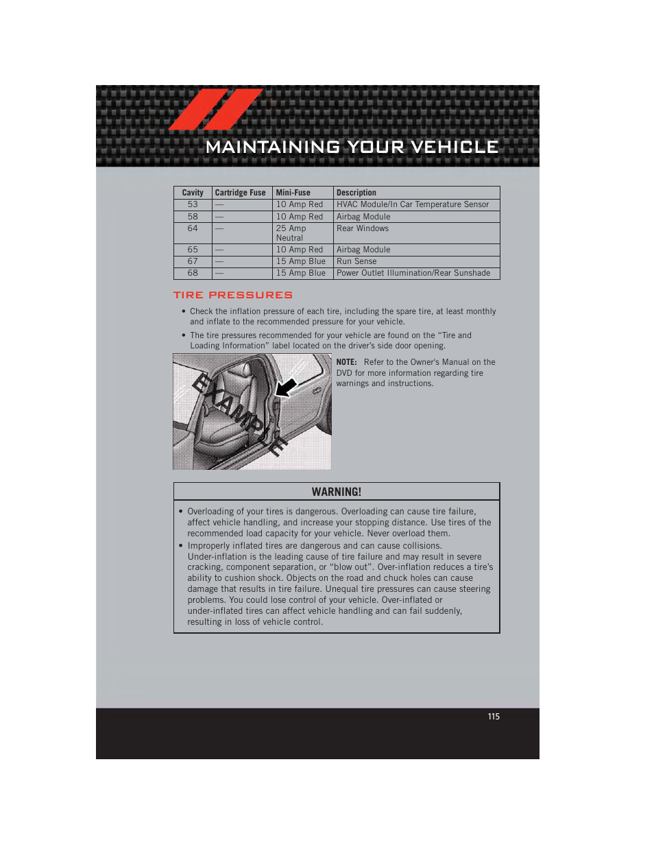 Tire pressures, Maintaining your vehicle, Warning | Dodge 2012 Charger_SRT - User Guide User Manual | Page 117 / 130