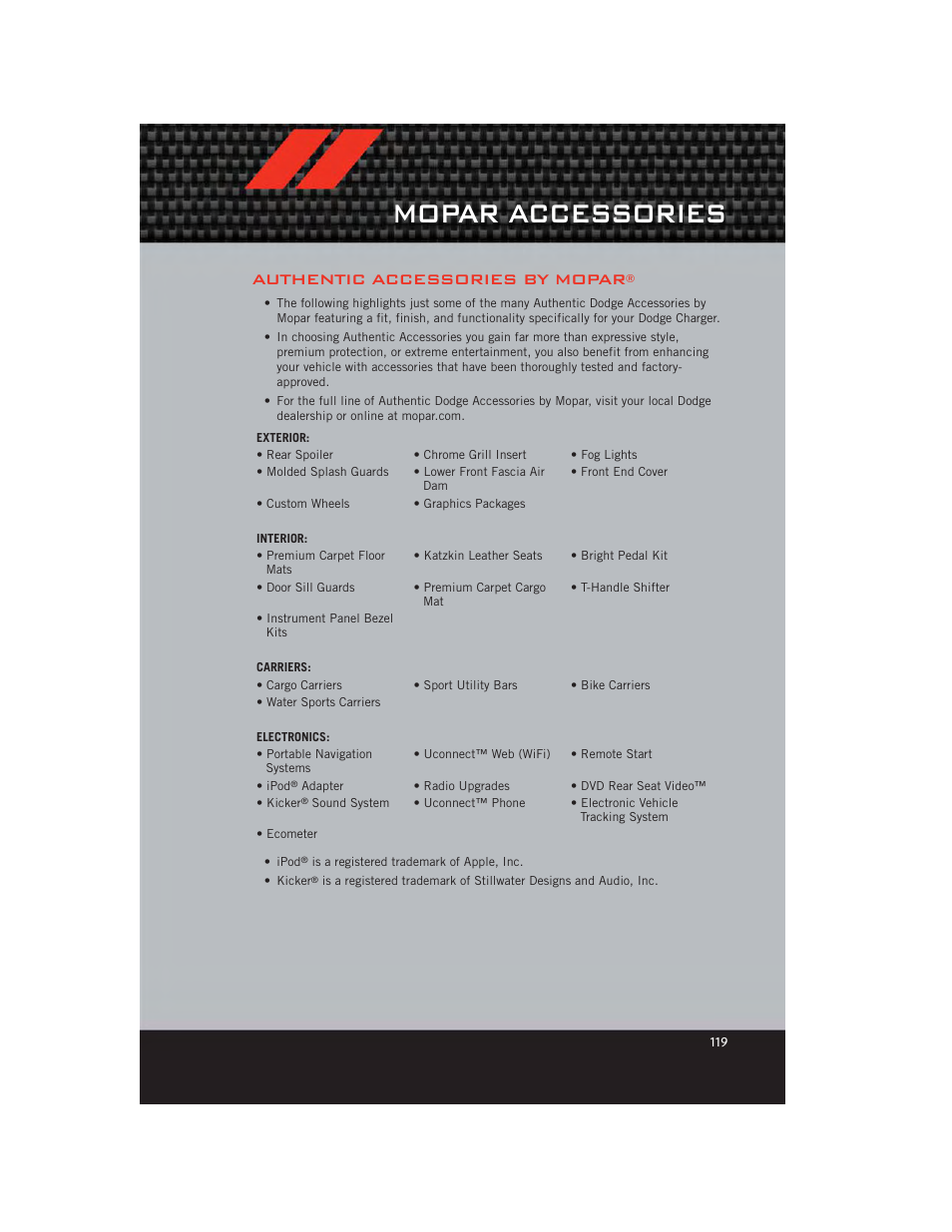 Mopar accessories, Authentic accessories by mopar | Dodge 2012 Charger_SRT - User Guide User Manual | Page 121 / 130