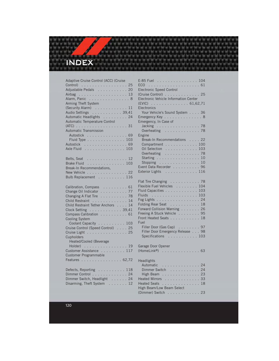 Index | Dodge 2012 Charger_SRT - User Guide User Manual | Page 122 / 130