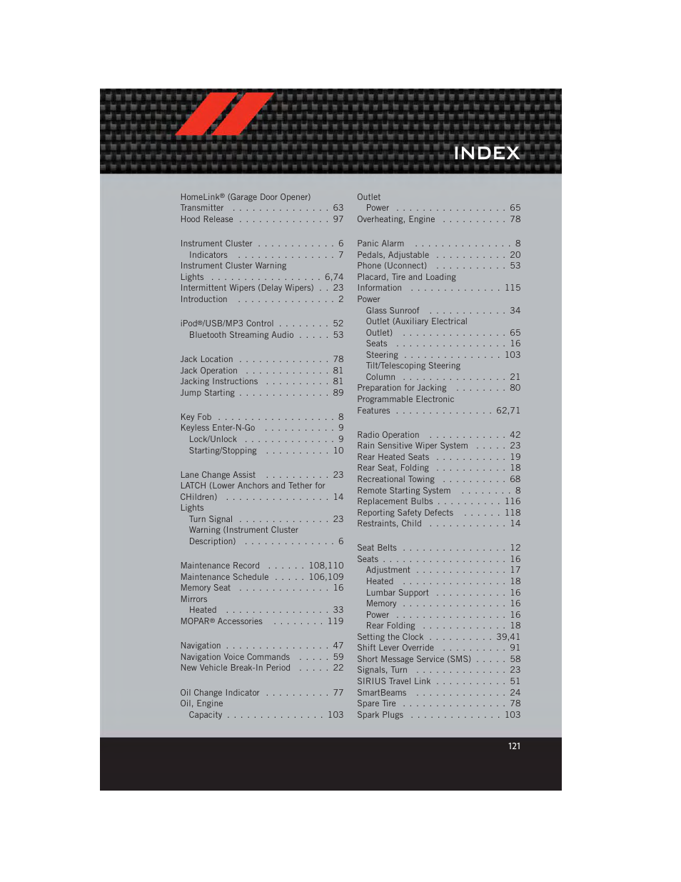 Index | Dodge 2012 Charger_SRT - User Guide User Manual | Page 123 / 130