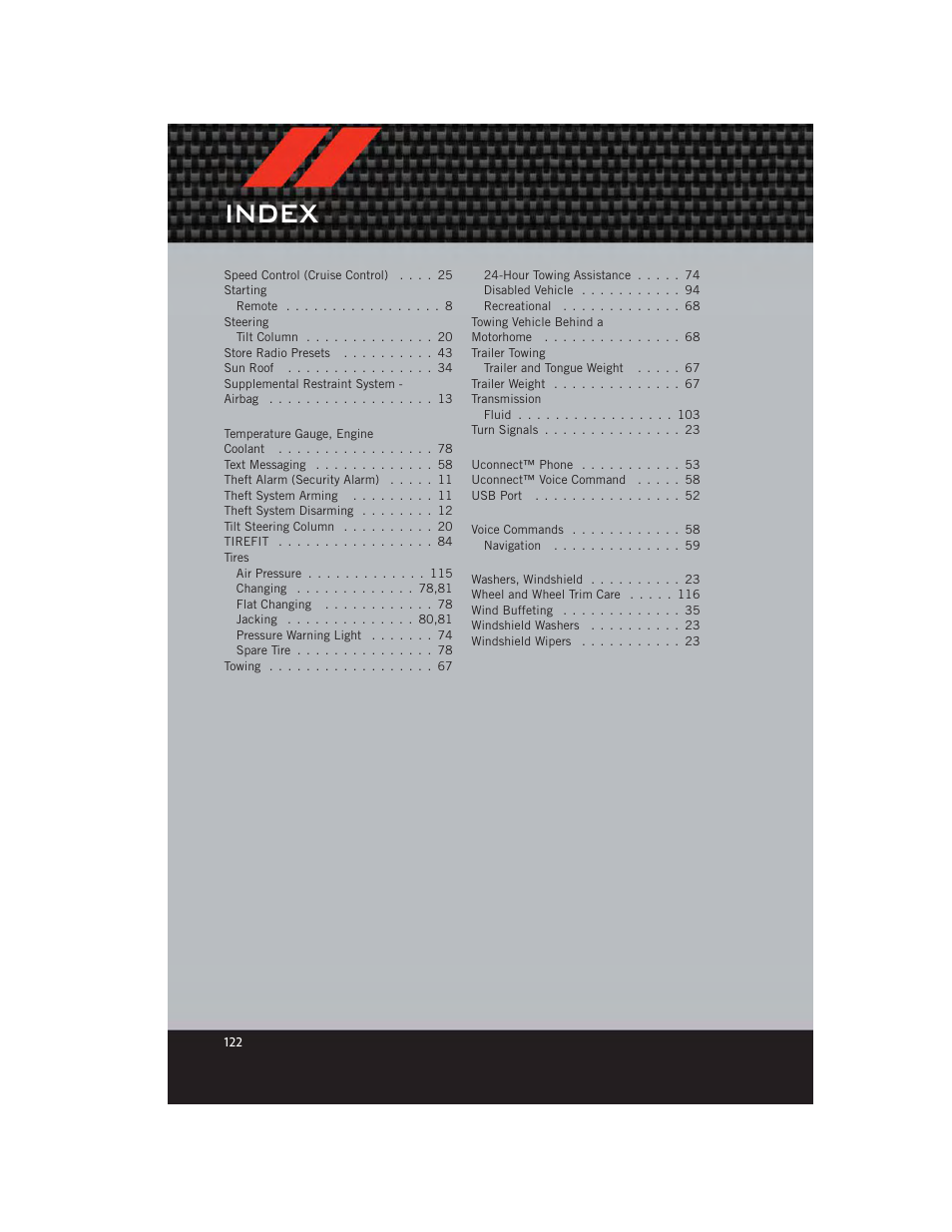 Index | Dodge 2012 Charger_SRT - User Guide User Manual | Page 124 / 130