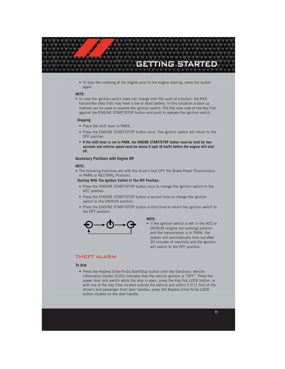 Accessory positions with engine off, Theft alarm, To arm | Getting started | Dodge 2012 Charger_SRT - User Guide User Manual | Page 13 / 130