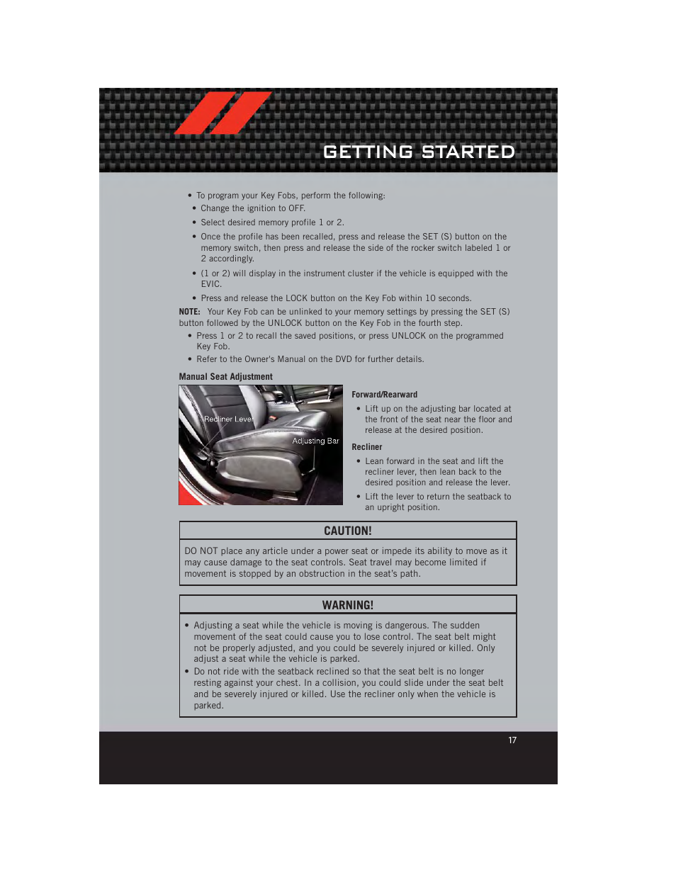 Manual seat adjustment, Getting started, Caution | Warning | Dodge 2012 Charger_SRT - User Guide User Manual | Page 19 / 130
