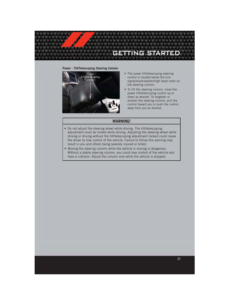 Power - tilt/telescoping steering column, Getting started | Dodge 2012 Charger_SRT - User Guide User Manual | Page 23 / 130