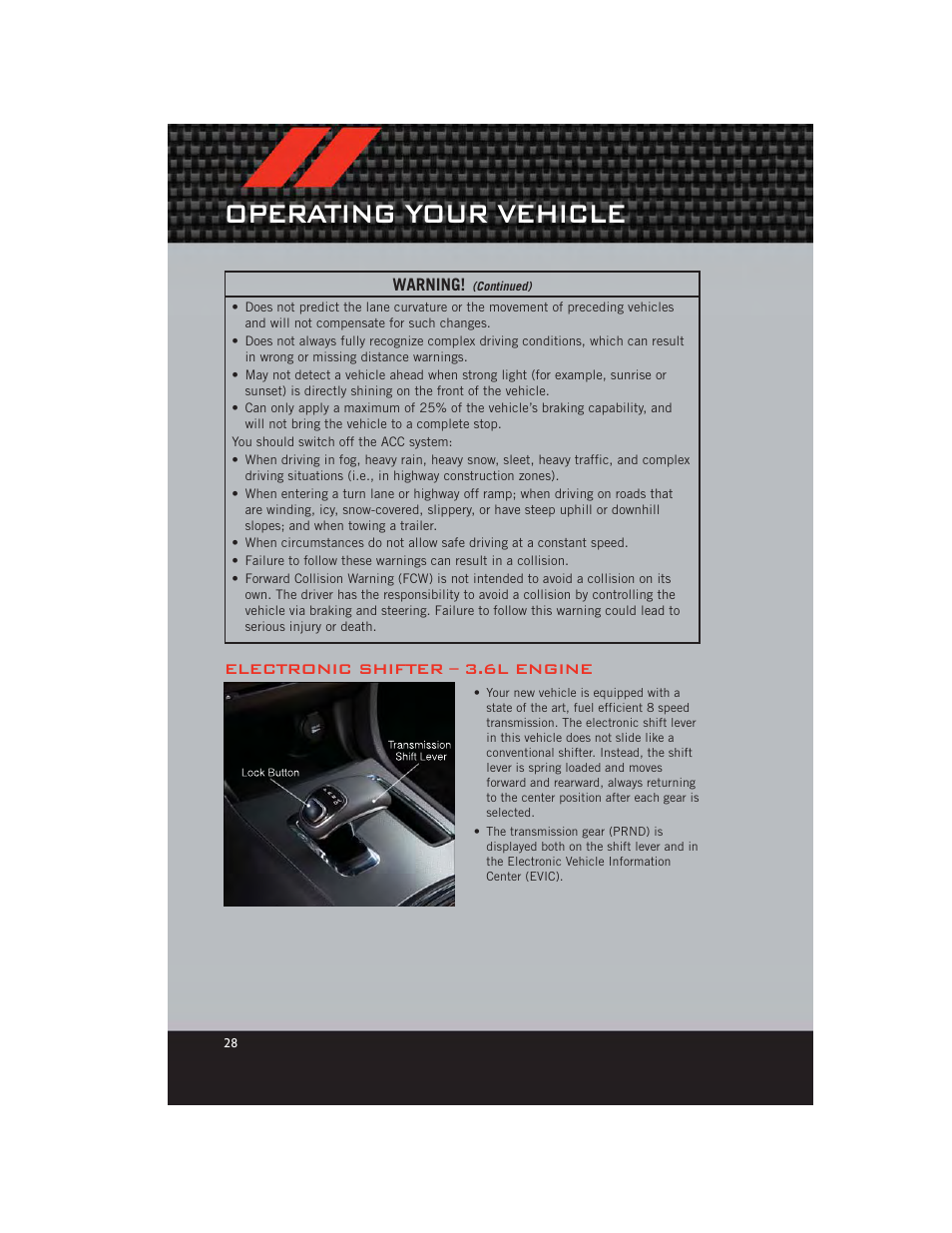 Electronic shifter – 3.6l engine, Operating your vehicle | Dodge 2012 Charger_SRT - User Guide User Manual | Page 30 / 130