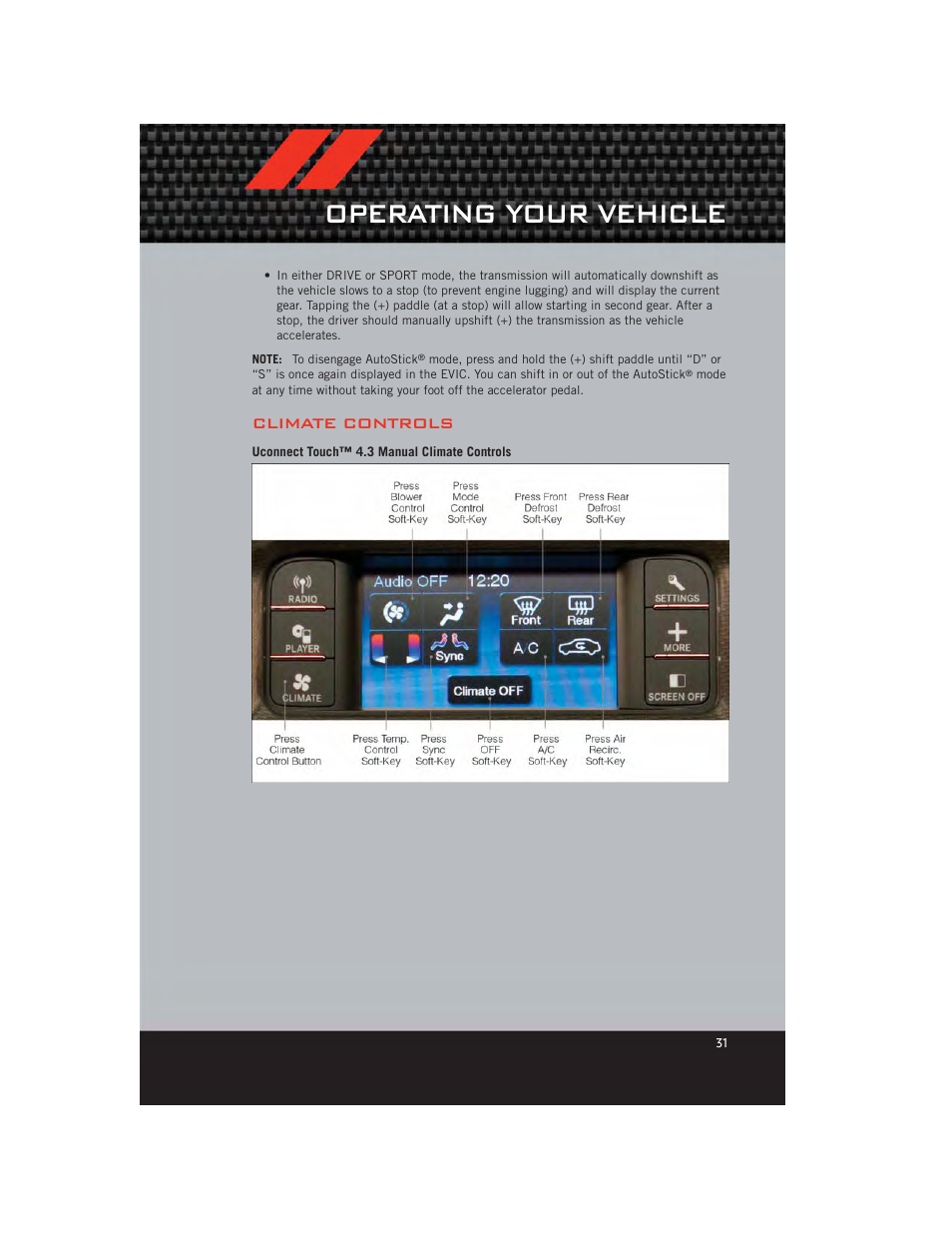 Climate controls, Uconnect touch™ 4.3 manual climate controls, Operating your vehicle | Dodge 2012 Charger_SRT - User Guide User Manual | Page 33 / 130