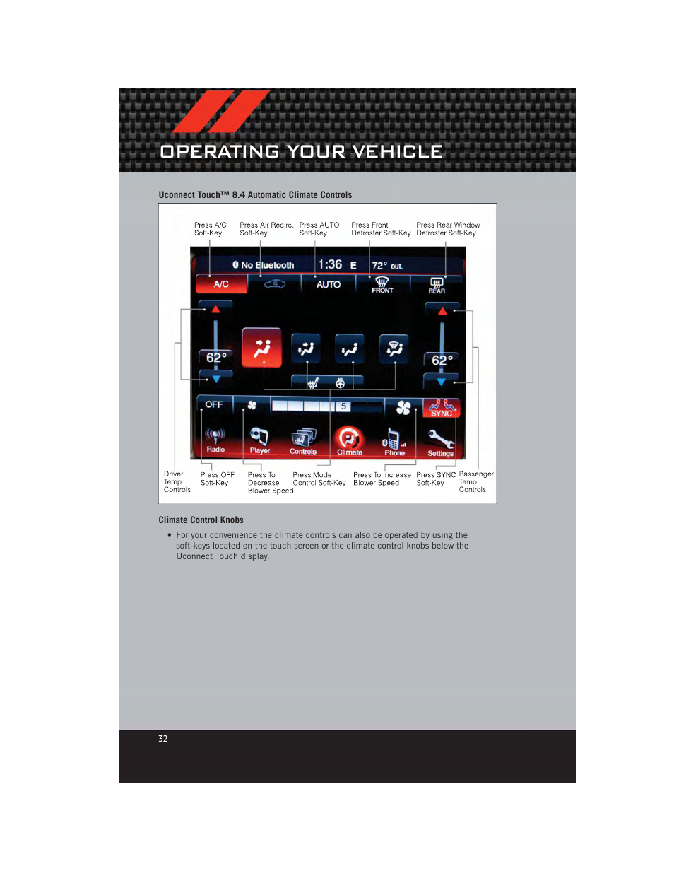 Uconnect touch™ 8.4 automatic climate controls, Climate control knobs, Operating your vehicle | Dodge 2012 Charger_SRT - User Guide User Manual | Page 34 / 130