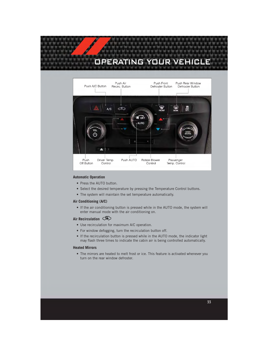 Automatic operation, Air conditioning (a/c), Air recirculation | Heated mirrors, Operating your vehicle | Dodge 2012 Charger_SRT - User Guide User Manual | Page 35 / 130