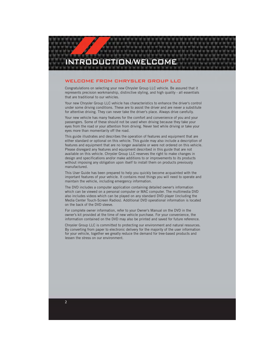 Introduction/welcome, Welcome from chrysler group llc | Dodge 2012 Charger_SRT - User Guide User Manual | Page 4 / 130