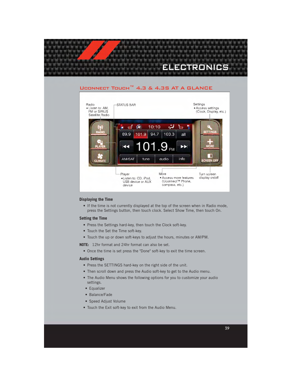 Uconnect touch™ 4.3 & 4.3s at a glance, Displaying the time, Setting the time | Audio settings, Electronics | Dodge 2012 Charger_SRT - User Guide User Manual | Page 41 / 130