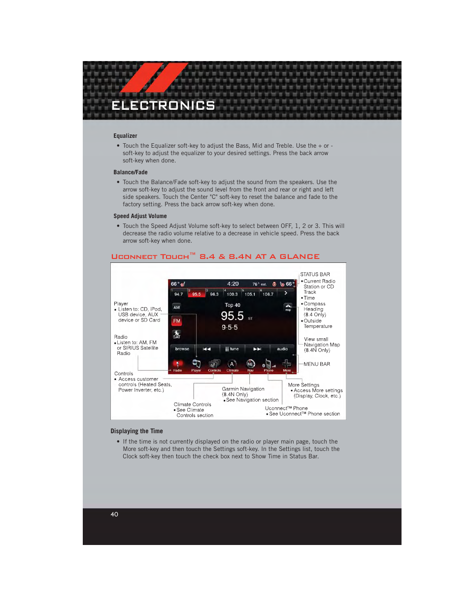 Uconnect touch™ 8.4 & 8.4n at a glance, Displaying the time, Electronics | Dodge 2012 Charger_SRT - User Guide User Manual | Page 42 / 130