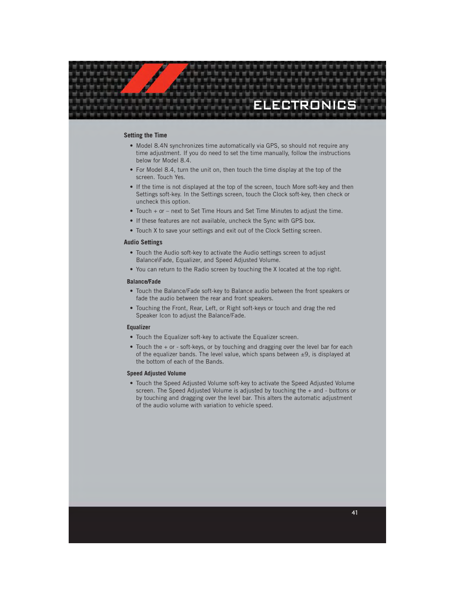 Setting the time, Audio settings, Electronics | Dodge 2012 Charger_SRT - User Guide User Manual | Page 43 / 130