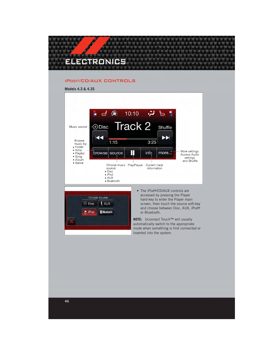 Ipod®/cd/aux controls, Models 4.3 & 4.3s, Electronics | Ipod, Cd/aux controls | Dodge 2012 Charger_SRT - User Guide User Manual | Page 48 / 130