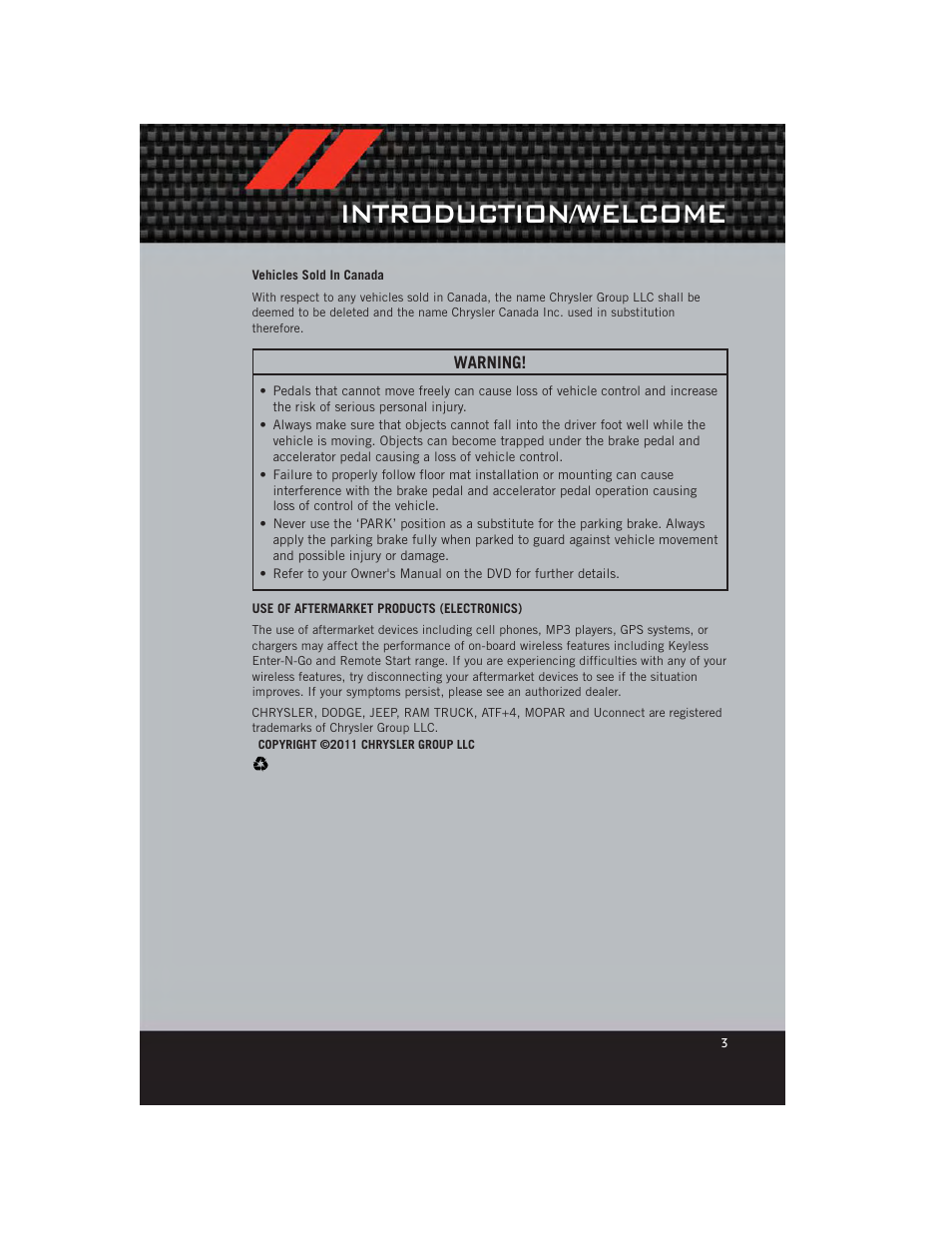 Vehicles sold in canada, Use of aftermarket products (electronics), Introduction/welcome | Dodge 2012 Charger_SRT - User Guide User Manual | Page 5 / 130