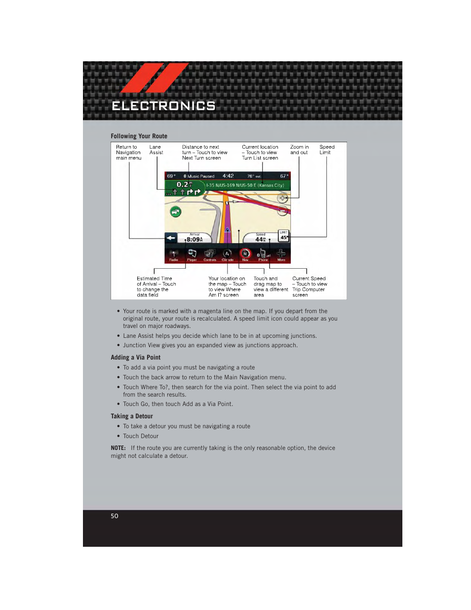 Following your route, Adding a via point, Taking a detour | Electronics | Dodge 2012 Charger_SRT - User Guide User Manual | Page 52 / 130