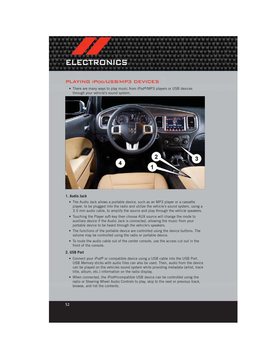 Playing ipod/usb/mp3 devices, Audio jack, Usb port | Electronics | Dodge 2012 Charger_SRT - User Guide User Manual | Page 54 / 130