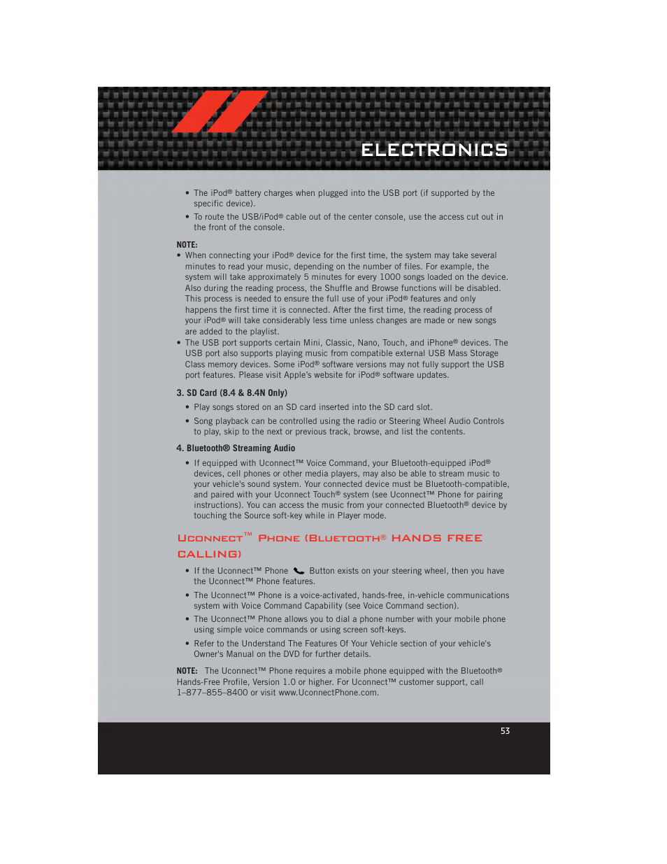 Sd card (8.4 & 8.4n only), Bluetooth® streaming audio, Uconnect™ phone (bluetooth® hands free calling) | Electronics, Uconnect™ phone (bluetooth, Hands free calling) | Dodge 2012 Charger_SRT - User Guide User Manual | Page 55 / 130