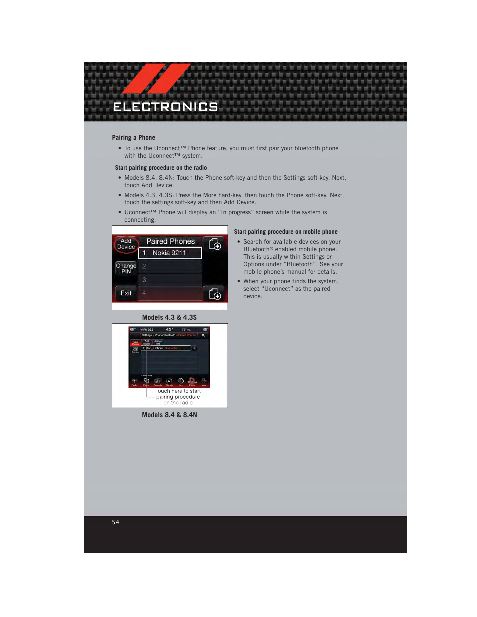 Pairing a phone, Electronics | Dodge 2012 Charger_SRT - User Guide User Manual | Page 56 / 130