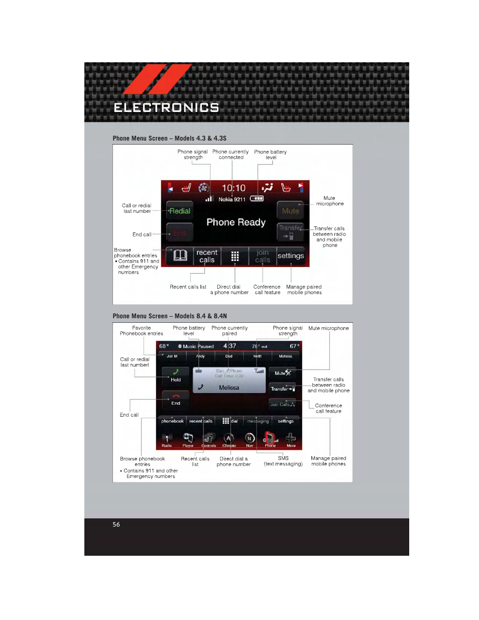 Phone menu screen – models 4.3 & 4.3s, Phone menu screen – models 8.4 & 8.4n, Electronics | Dodge 2012 Charger_SRT - User Guide User Manual | Page 58 / 130