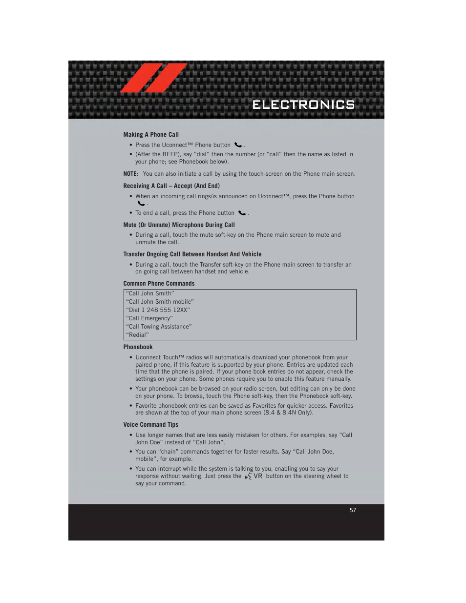 Making a phone call, Receiving a call – accept (and end), Mute (or unmute) microphone during call | Transfer ongoing call between handset and vehicle, Common phone commands, Phonebook, Voice command tips, Electronics | Dodge 2012 Charger_SRT - User Guide User Manual | Page 59 / 130