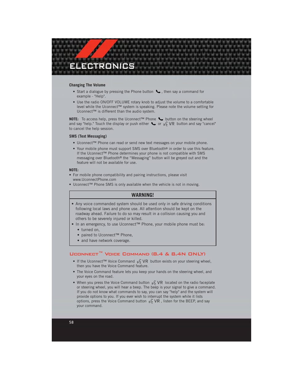 Changing the volume, Sms (text messaging), Uconnect™ voice command (8.4 & 8.4n only) | Electronics, Warning | Dodge 2012 Charger_SRT - User Guide User Manual | Page 60 / 130