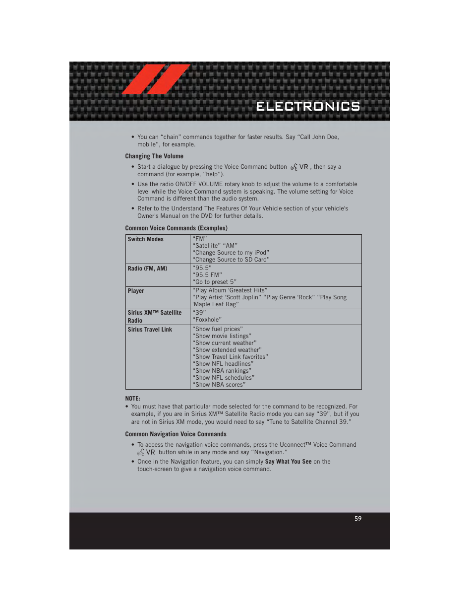 Changing the volume, Common voice commands (examples), Common navigation voice commands | Electronics | Dodge 2012 Charger_SRT - User Guide User Manual | Page 61 / 130