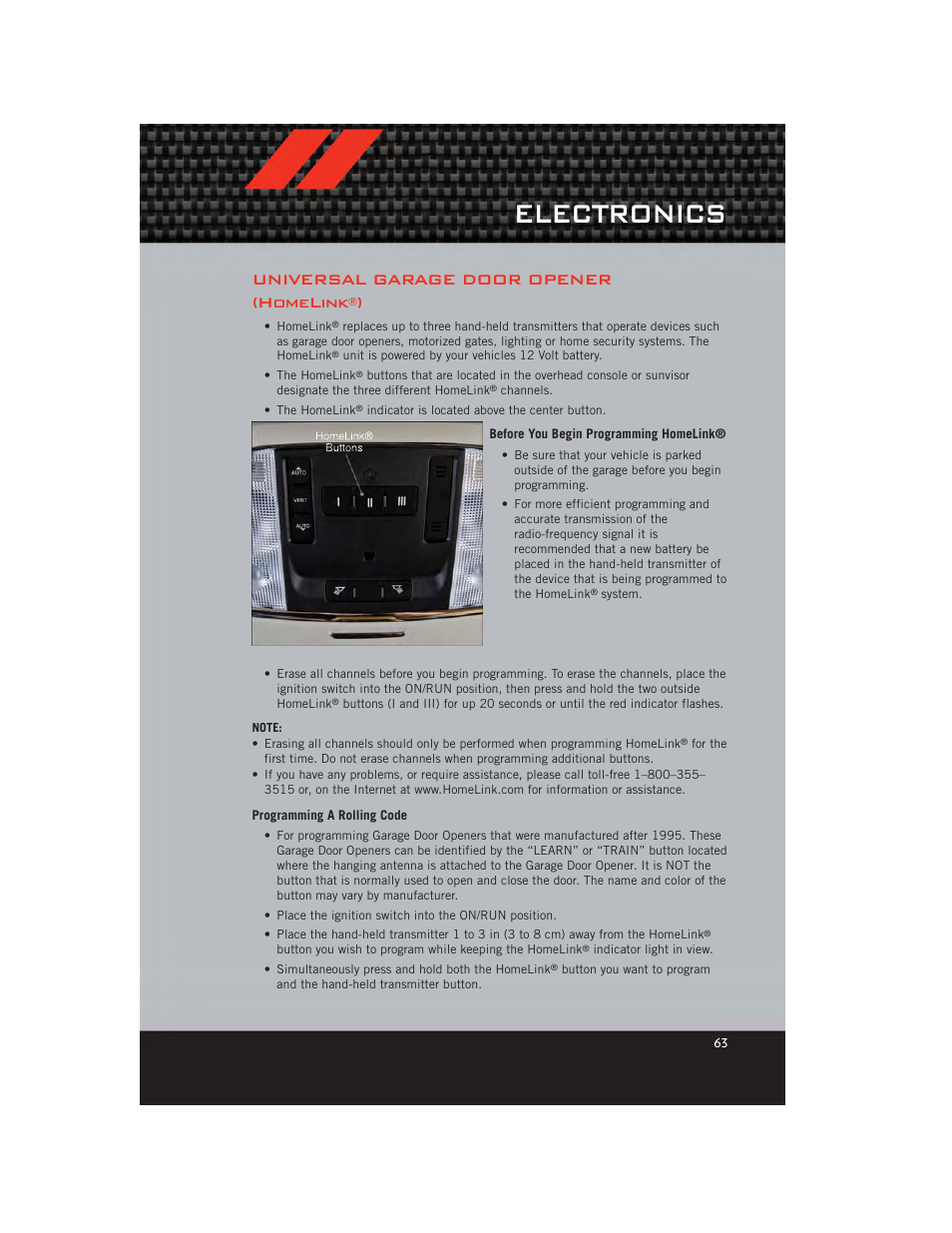 Universal garage door opener (homelink®), Before you begin programming homelink, Programming a rolling code | Electronics, Universal garage door opener (homelink | Dodge 2012 Charger_SRT - User Guide User Manual | Page 65 / 130