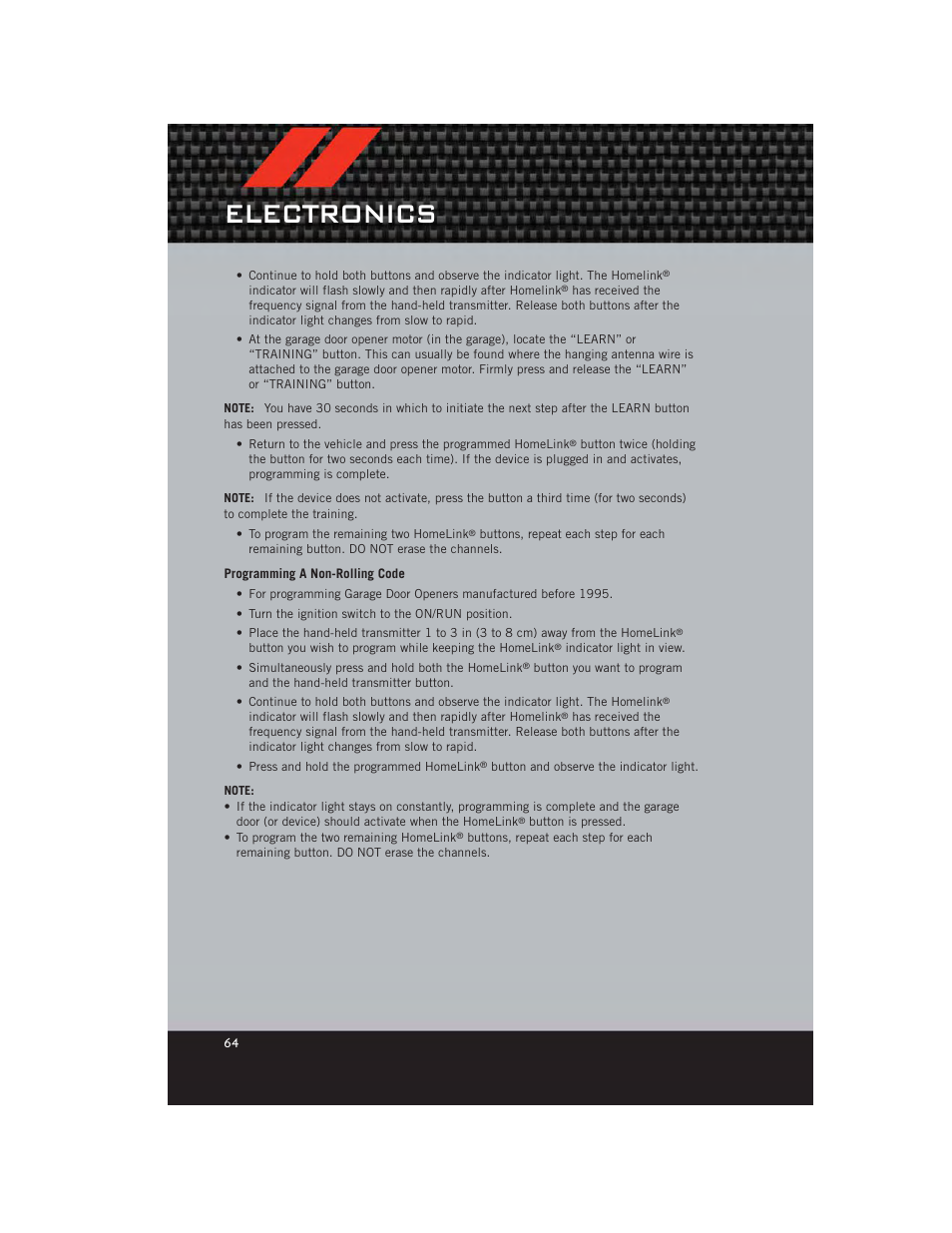 Programming a non-rolling code, Electronics | Dodge 2012 Charger_SRT - User Guide User Manual | Page 66 / 130