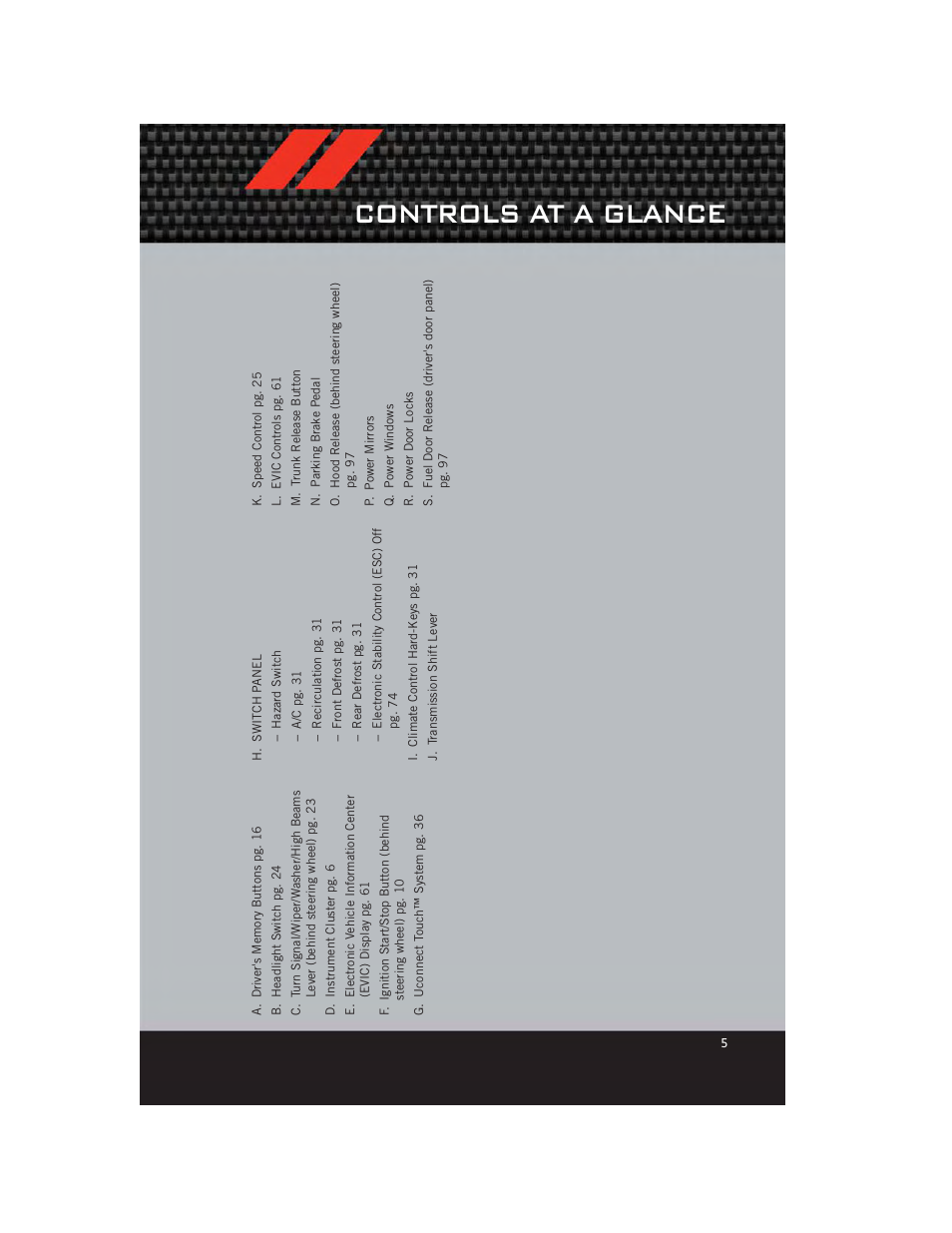 Controls at a glance | Dodge 2012 Charger_SRT - User Guide User Manual | Page 7 / 130