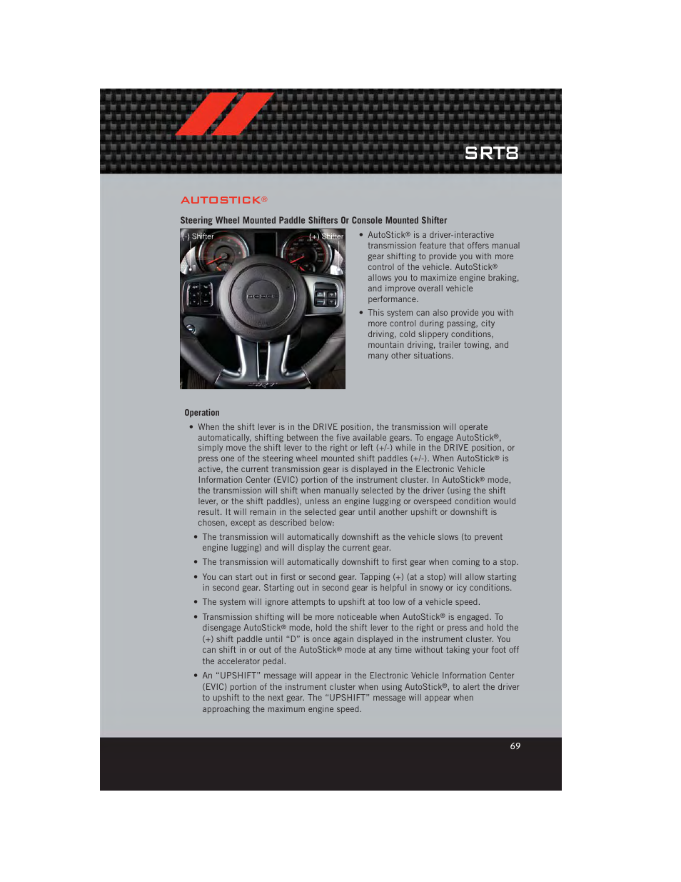 Srt8, Autostick | Dodge 2012 Charger_SRT - User Guide User Manual | Page 71 / 130