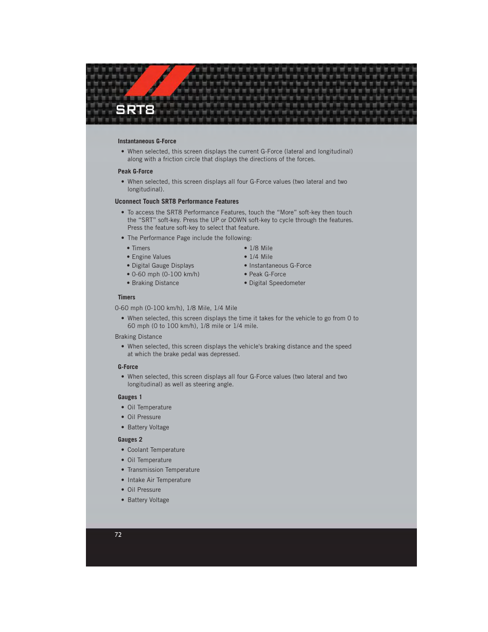 Uconnect touch srt8 performance features, Srt8 | Dodge 2012 Charger_SRT - User Guide User Manual | Page 74 / 130