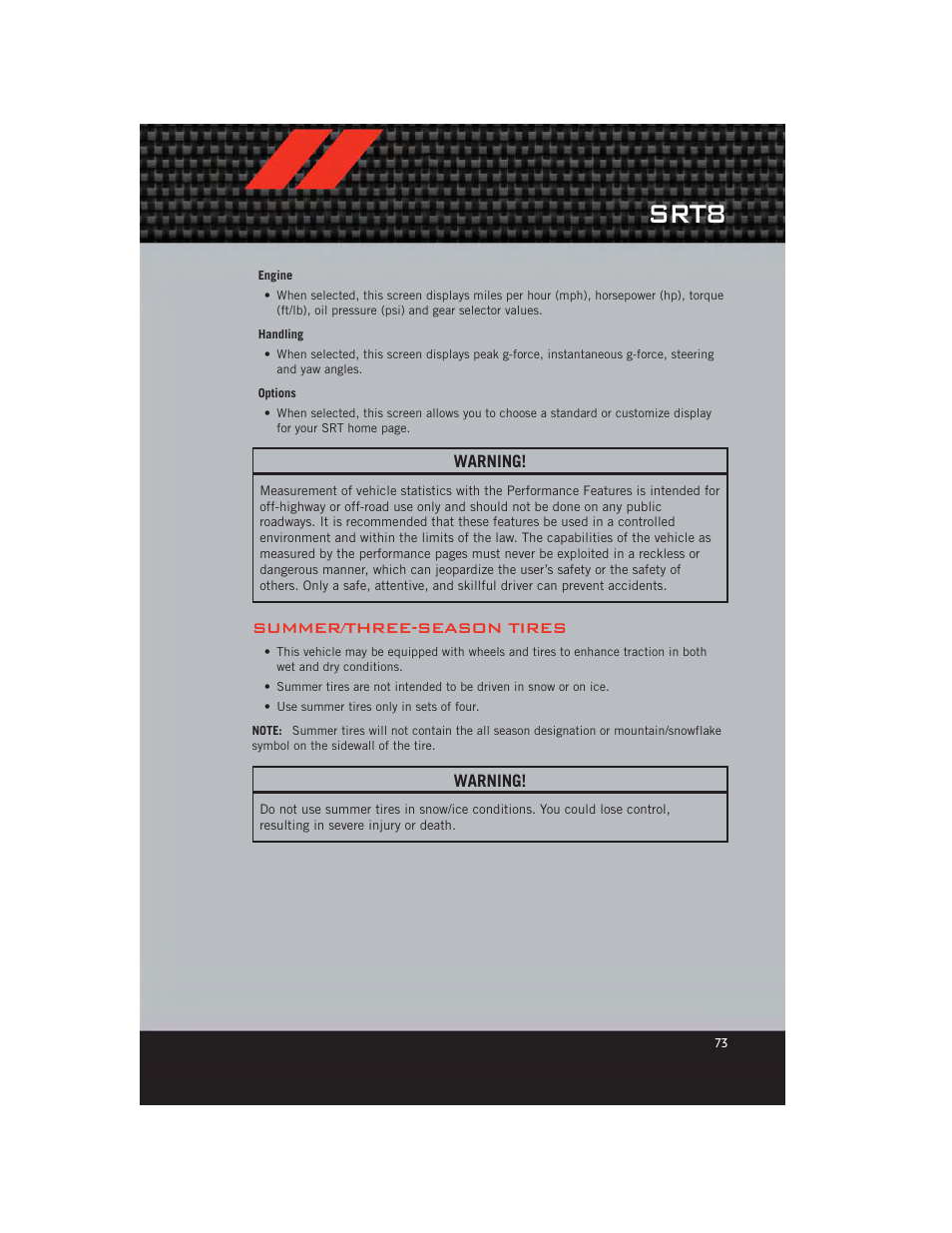 Summer/three-season tires, Srt8 | Dodge 2012 Charger_SRT - User Guide User Manual | Page 75 / 130