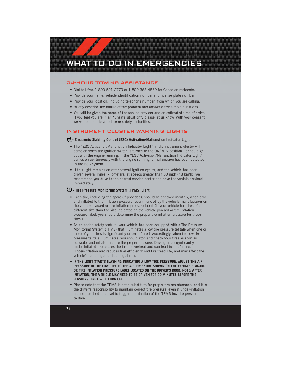 What to do in emergencies, Hour towing assistance, Instrument cluster warning lights | Tire pressure monitoring system (tpms) light | Dodge 2012 Charger_SRT - User Guide User Manual | Page 76 / 130