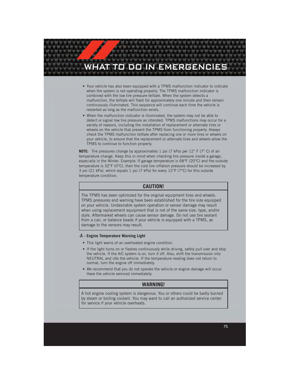Engine temperature warning light, What to do in emergencies | Dodge 2012 Charger_SRT - User Guide User Manual | Page 77 / 130