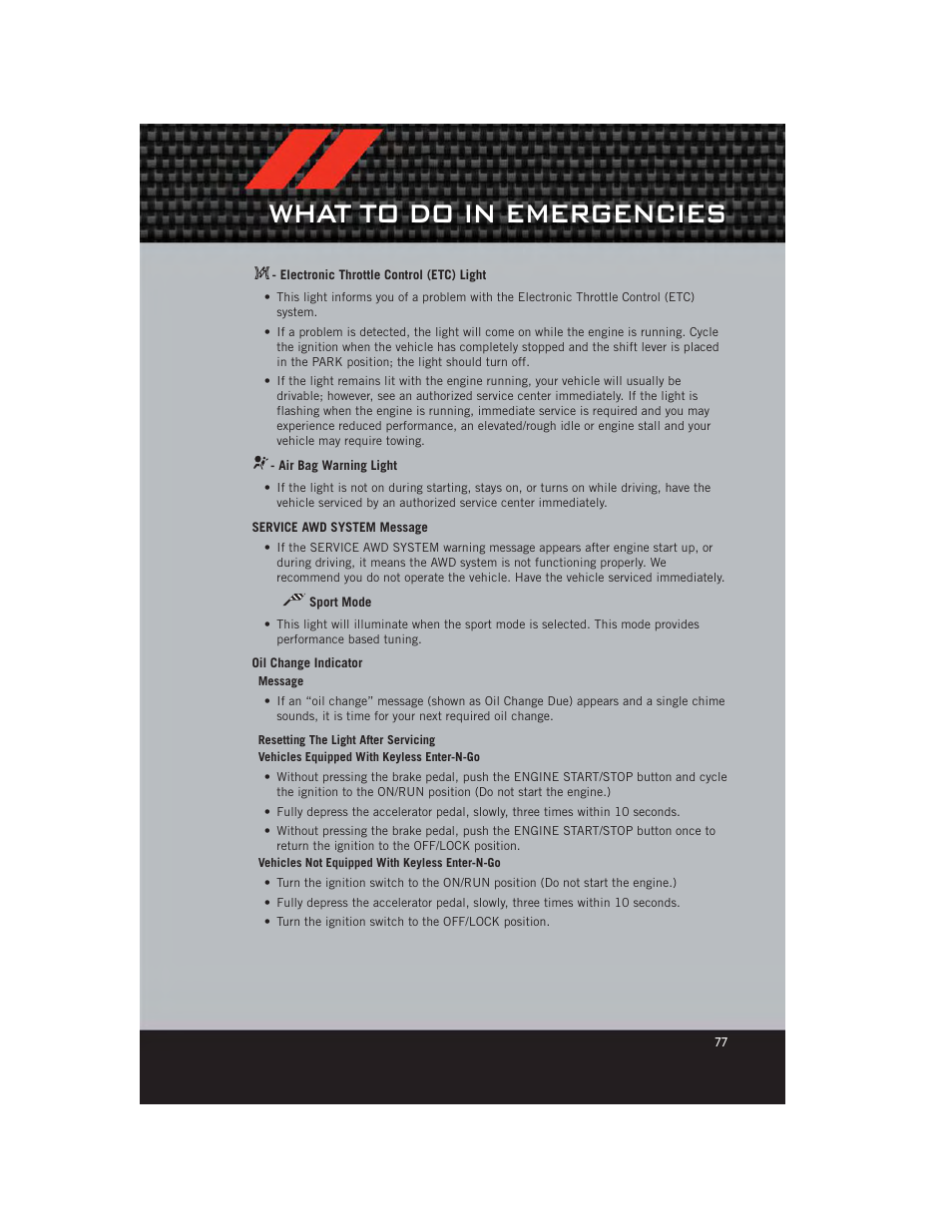 Electronic throttle control (etc) light, Air bag warning light, Service awd system message | Sport mode, Oil change indicator, What to do in emergencies | Dodge 2012 Charger_SRT - User Guide User Manual | Page 79 / 130