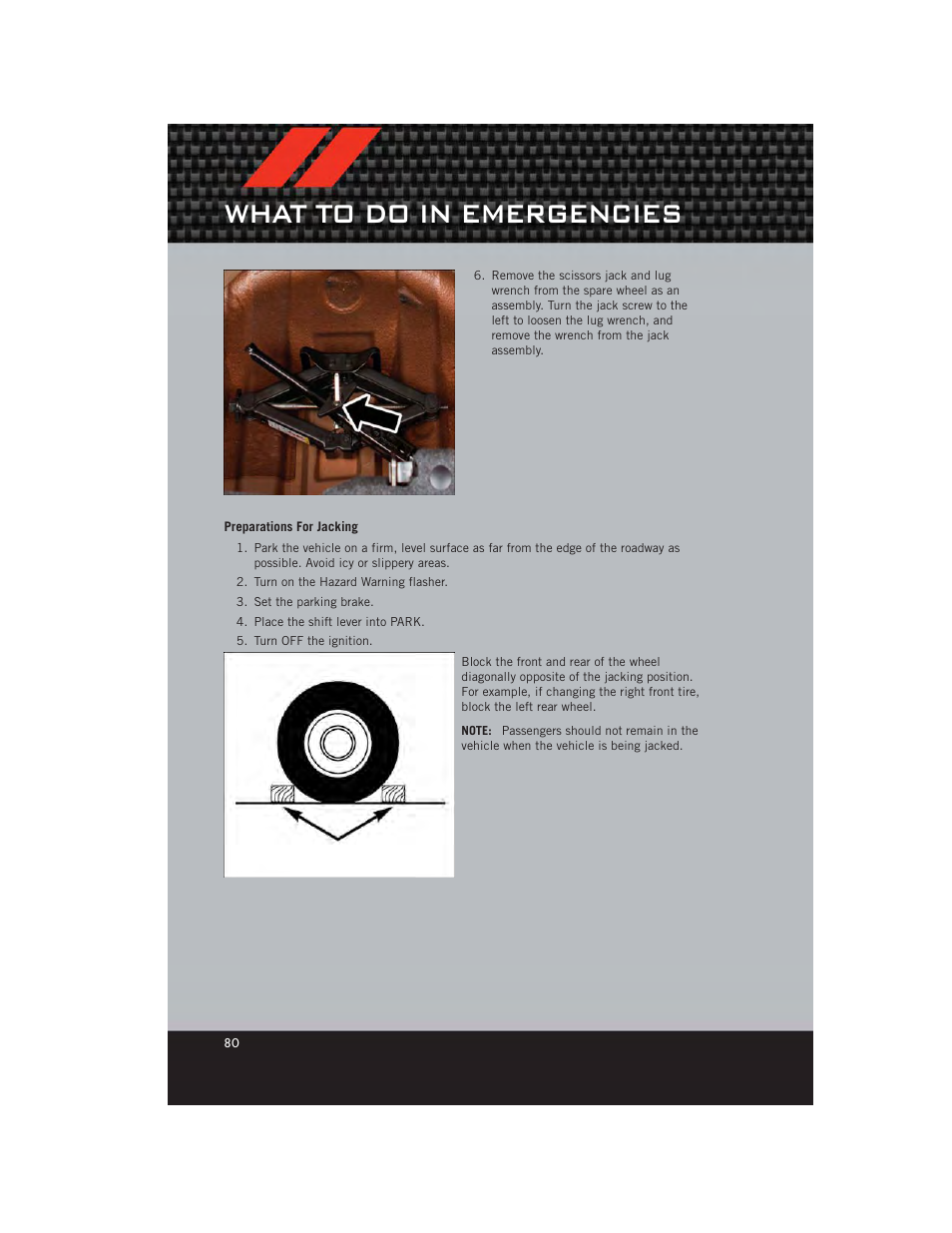 Preparations for jacking, What to do in emergencies | Dodge 2012 Charger_SRT - User Guide User Manual | Page 82 / 130