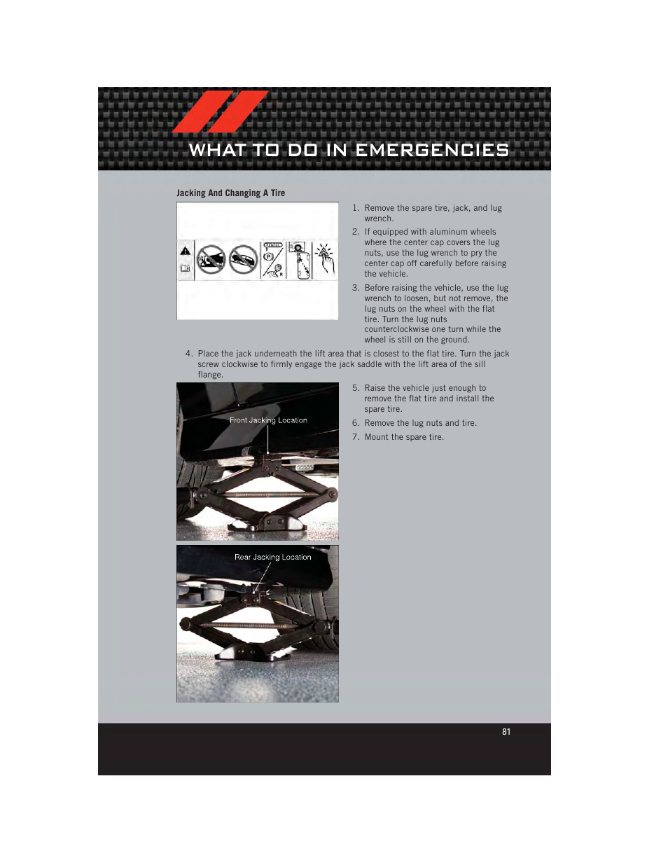 Jacking and changing a tire, What to do in emergencies | Dodge 2012 Charger_SRT - User Guide User Manual | Page 83 / 130