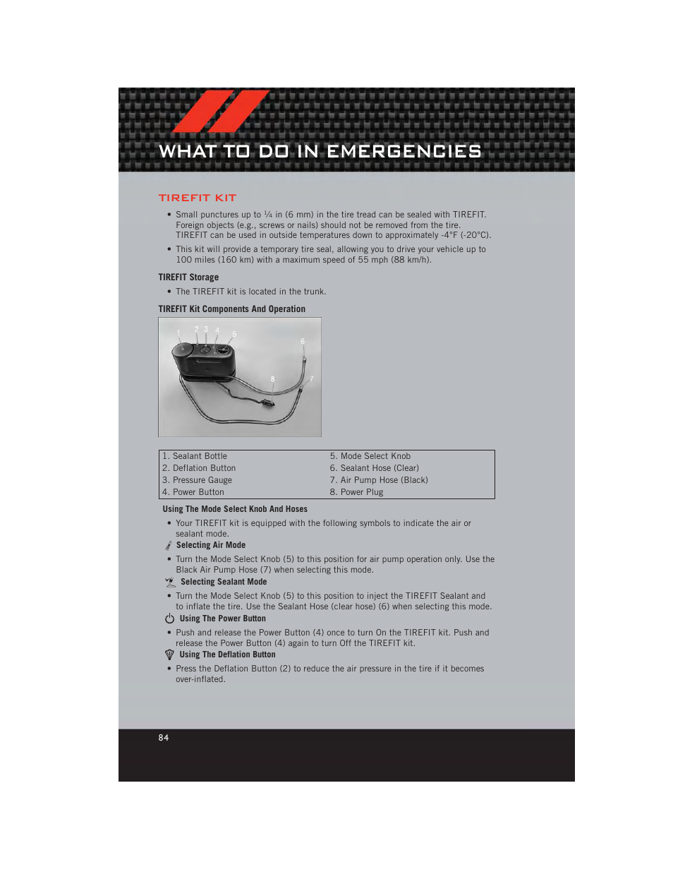 Tirefit kit, Tirefit storage, Tirefit kit components and operation | What to do in emergencies | Dodge 2012 Charger_SRT - User Guide User Manual | Page 86 / 130