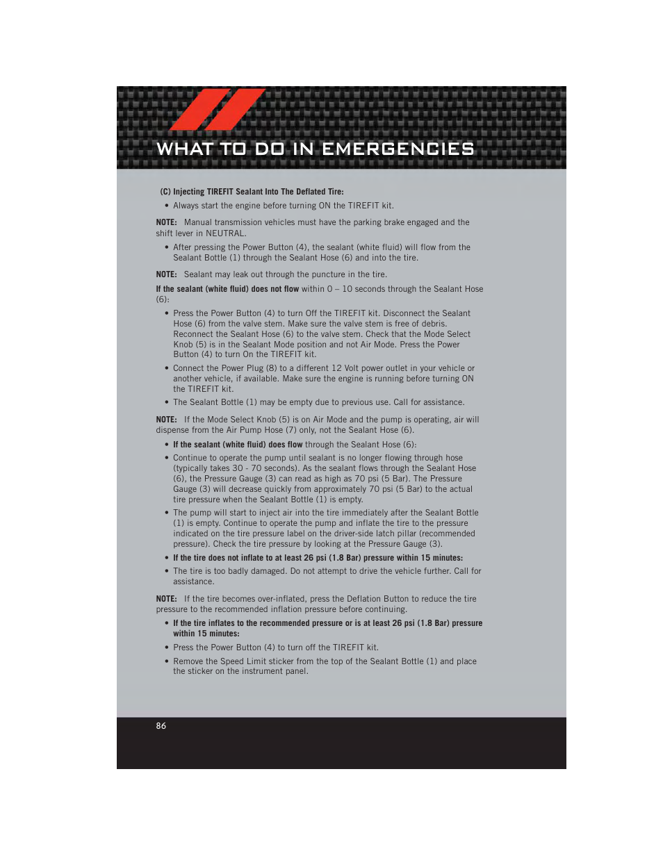 What to do in emergencies | Dodge 2012 Charger_SRT - User Guide User Manual | Page 88 / 130