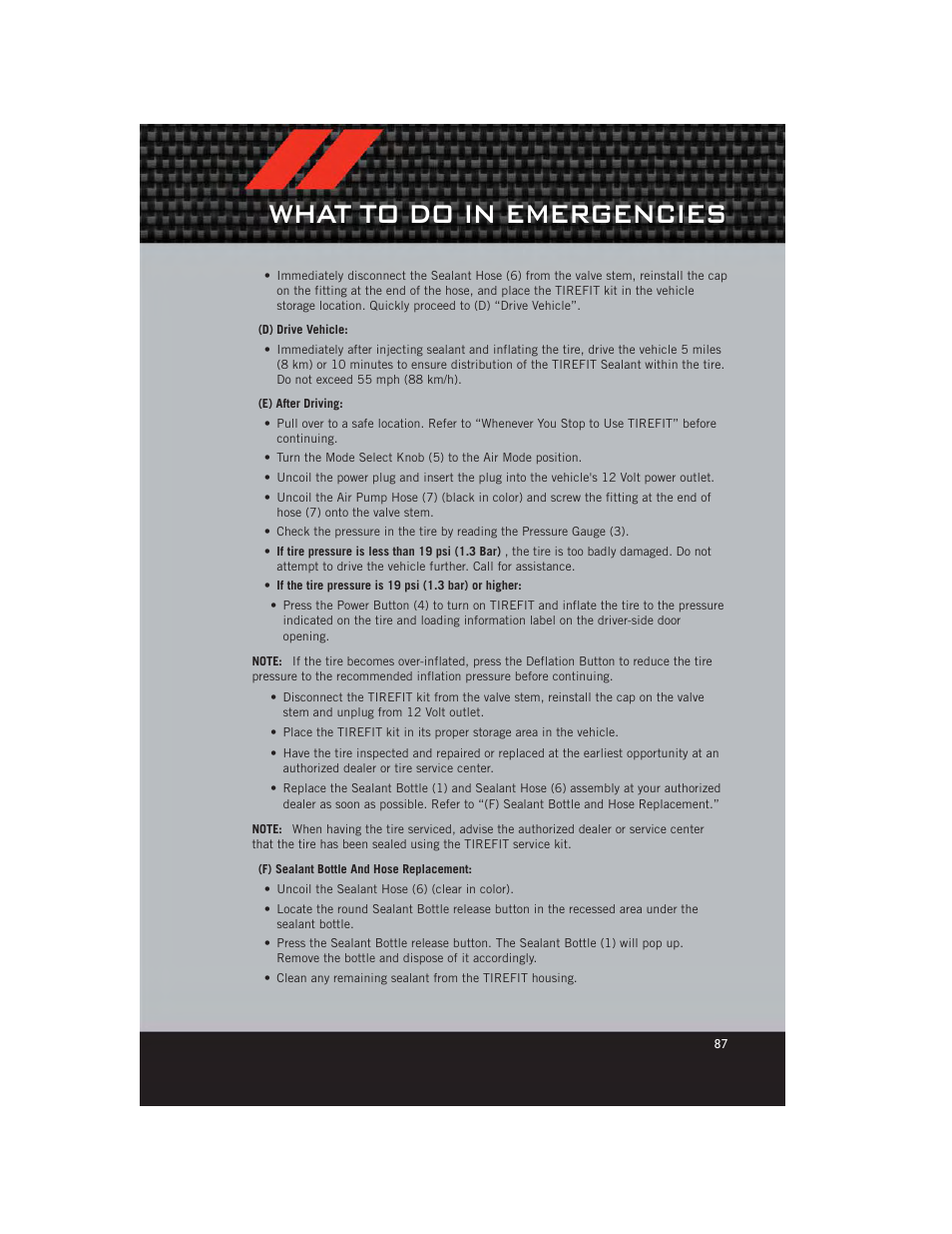 What to do in emergencies | Dodge 2012 Charger_SRT - User Guide User Manual | Page 89 / 130