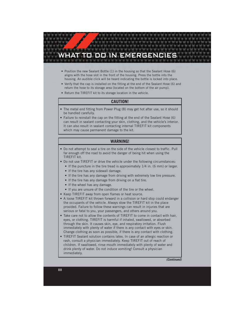 What to do in emergencies | Dodge 2012 Charger_SRT - User Guide User Manual | Page 90 / 130