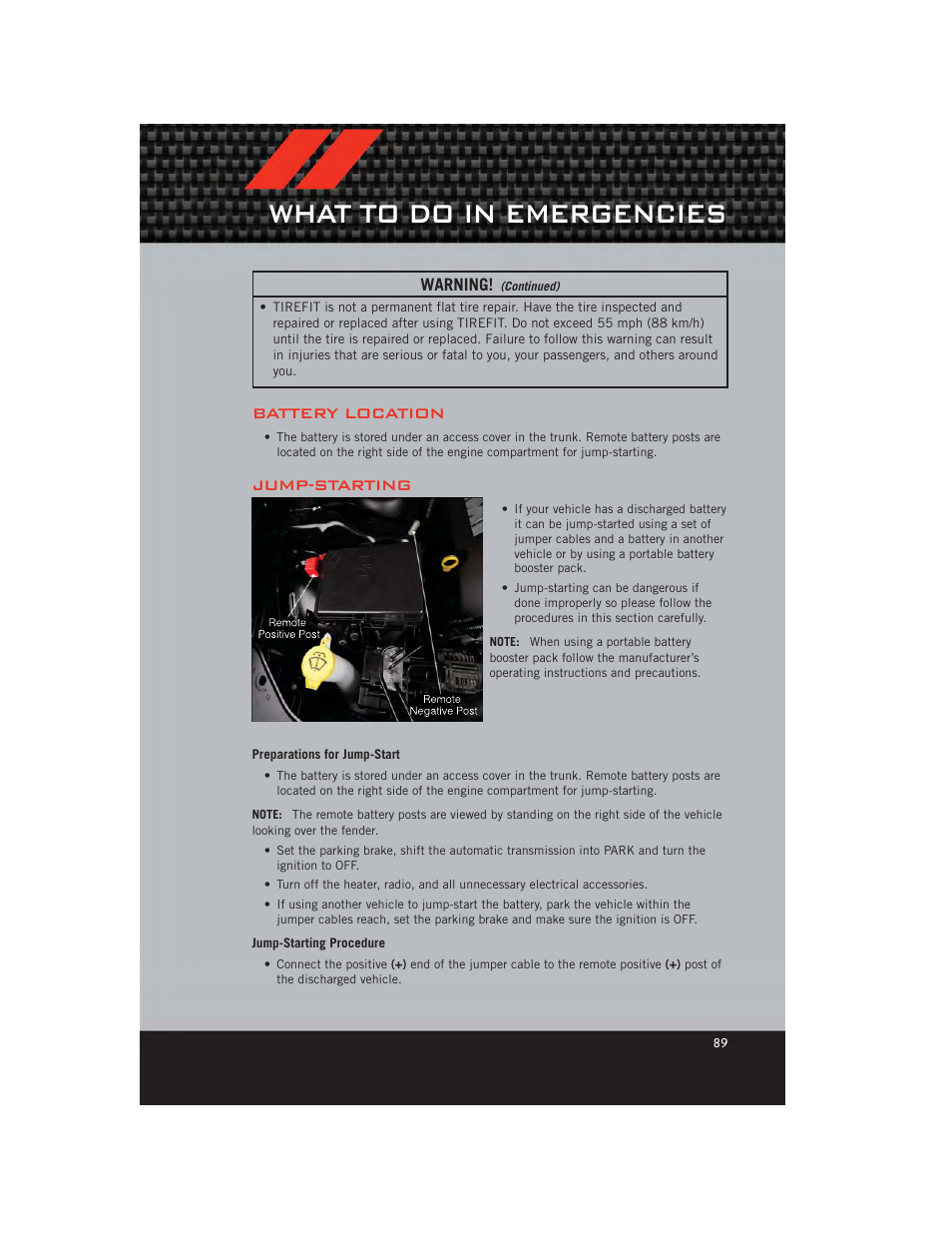 Battery location, Jump-starting, Preparations for jump-start | Jump-starting procedure, What to do in emergencies | Dodge 2012 Charger_SRT - User Guide User Manual | Page 91 / 130