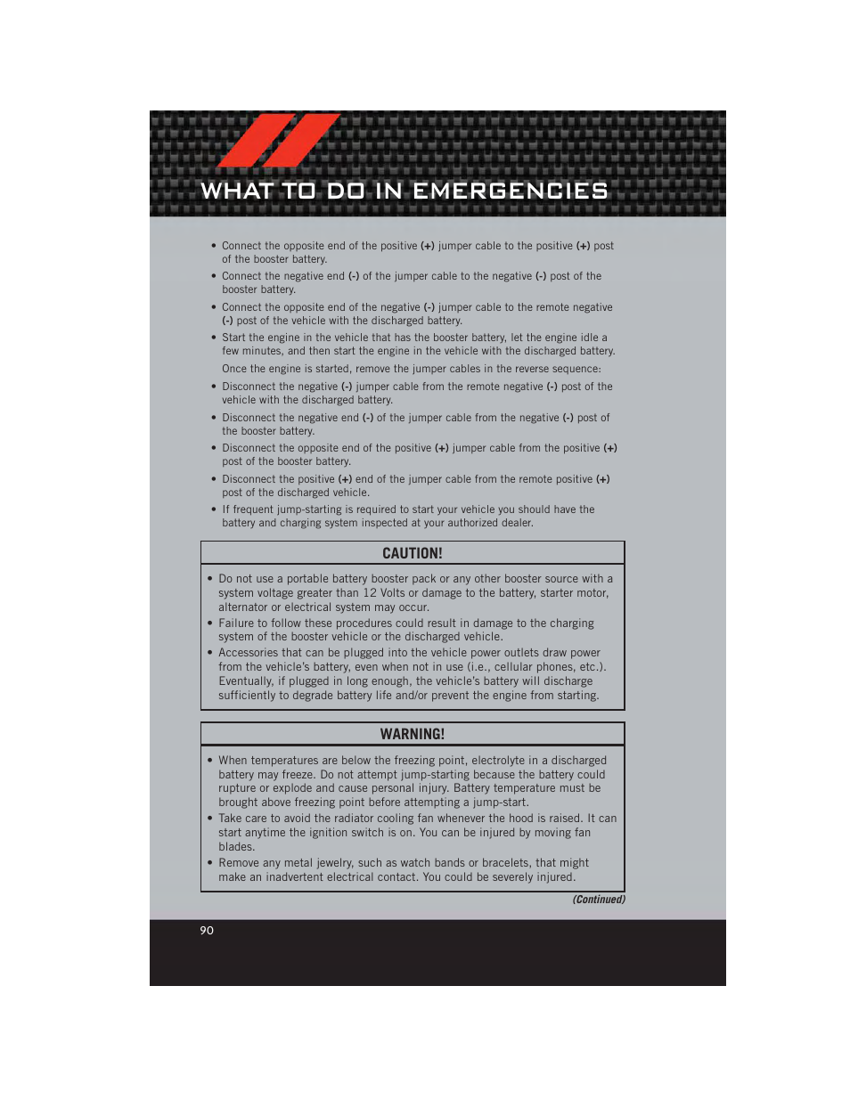 What to do in emergencies, Caution, Warning | Dodge 2012 Charger_SRT - User Guide User Manual | Page 92 / 130