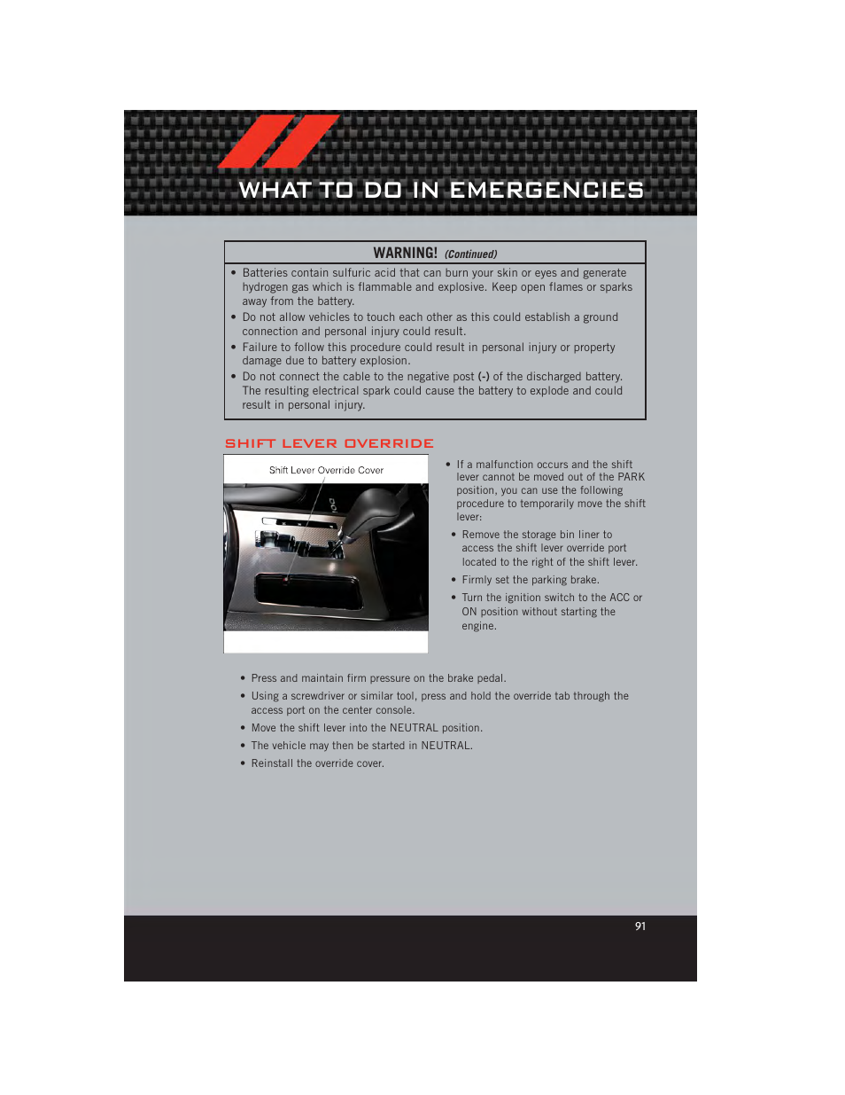 Shift lever override, What to do in emergencies | Dodge 2012 Charger_SRT - User Guide User Manual | Page 93 / 130