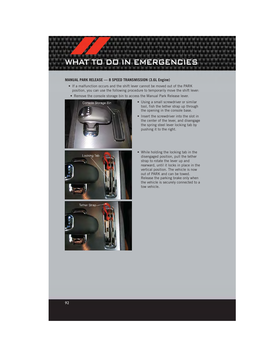 What to do in emergencies | Dodge 2012 Charger_SRT - User Guide User Manual | Page 94 / 130