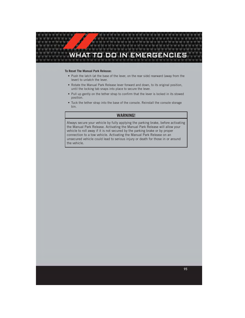Towing a disabled vehicle, What to do in emergencies | Dodge 2012 Charger_SRT - User Guide User Manual | Page 95 / 130