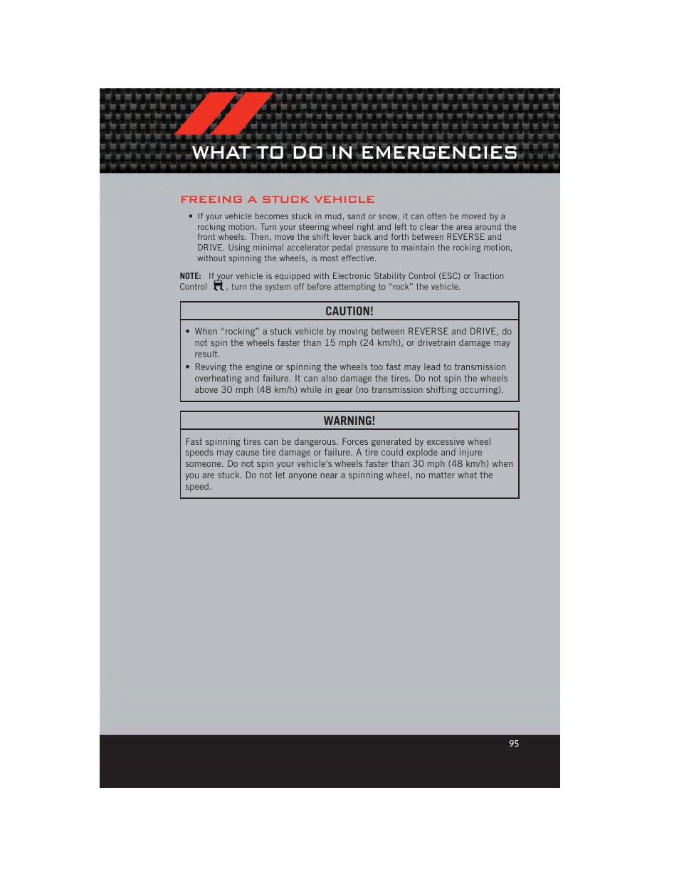 Freeing a stuck vehicle, What to do in emergencies | Dodge 2012 Charger_SRT - User Guide User Manual | Page 97 / 130