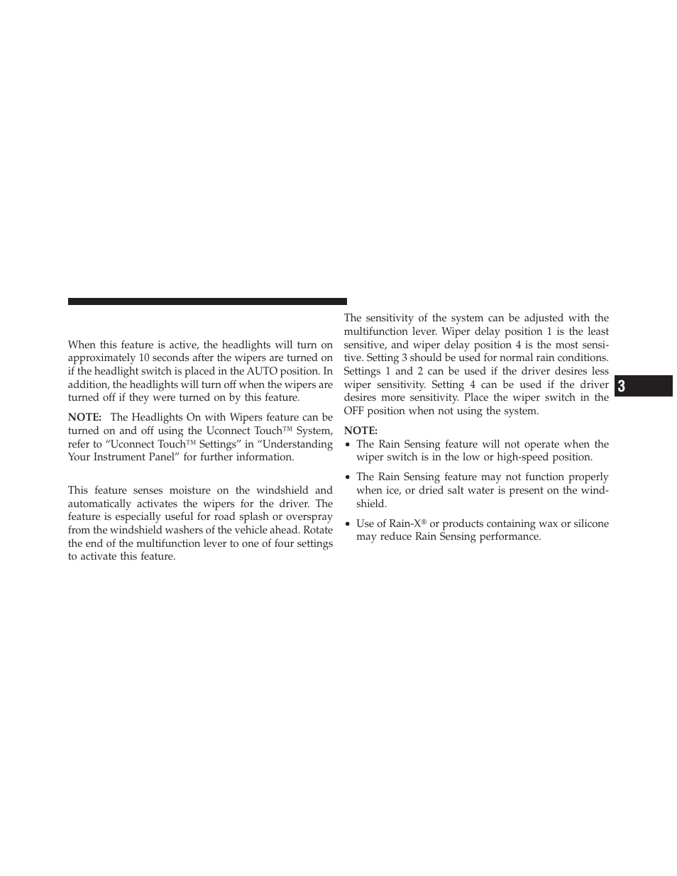 Rain sensing wipers — if equipped, Headlights on with wipers (available with, Automatic headlights only) | Dodge 2012 Charger_SRT - Owner Manual User Manual | Page 215 / 571