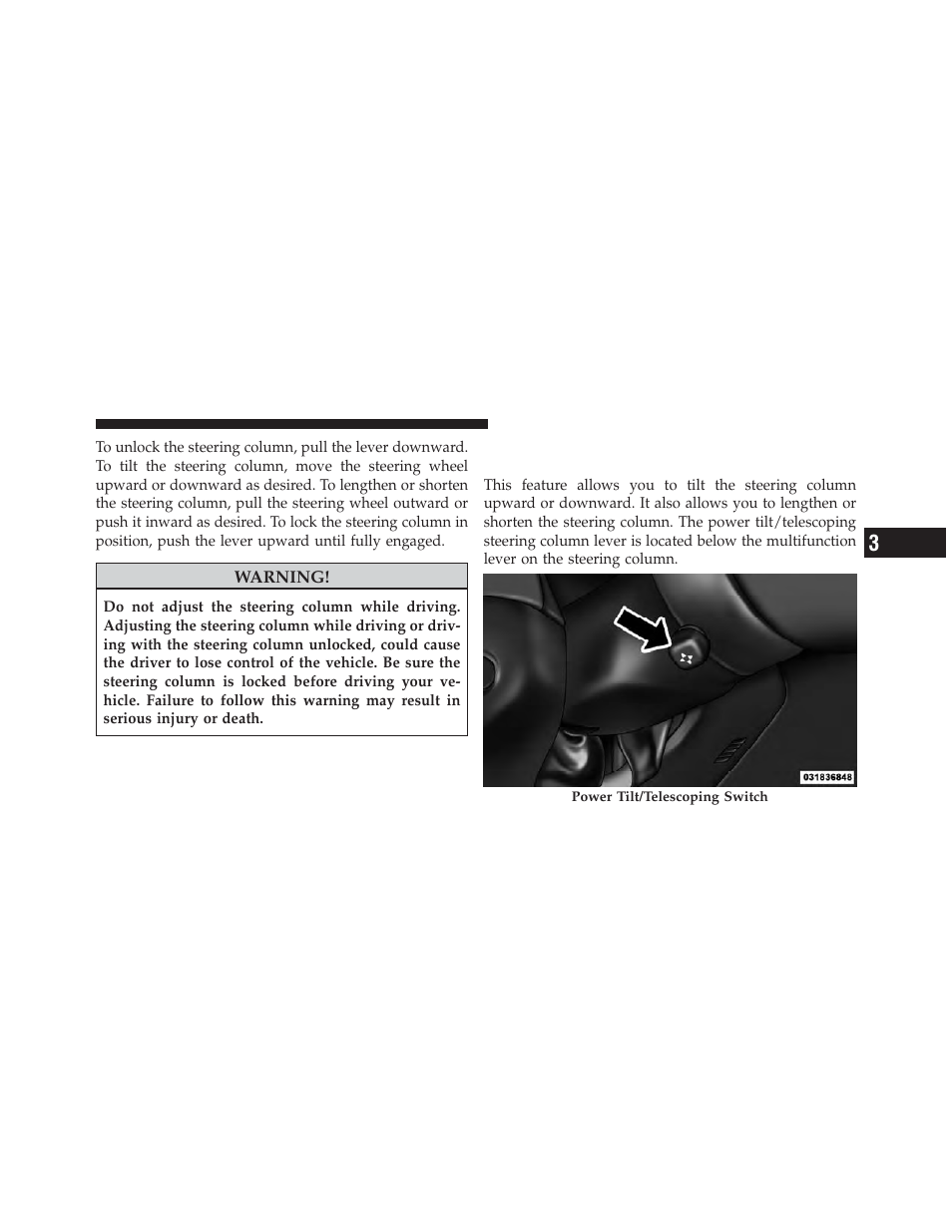 Power tilt/telescoping steering column — if, Equipped | Dodge 2012 Charger_SRT - Owner Manual User Manual | Page 217 / 571